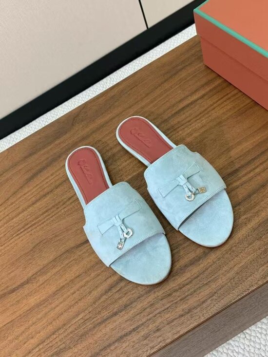 Loro Piana Shoes - Loro Piana Light Baby Blue Suede Flat Slide Sandals Bow Gold Hardware